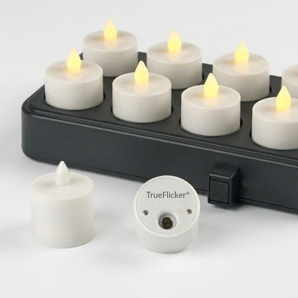 Commercial rechargeable LED tealight with Champagne Glow True Flicker technology.