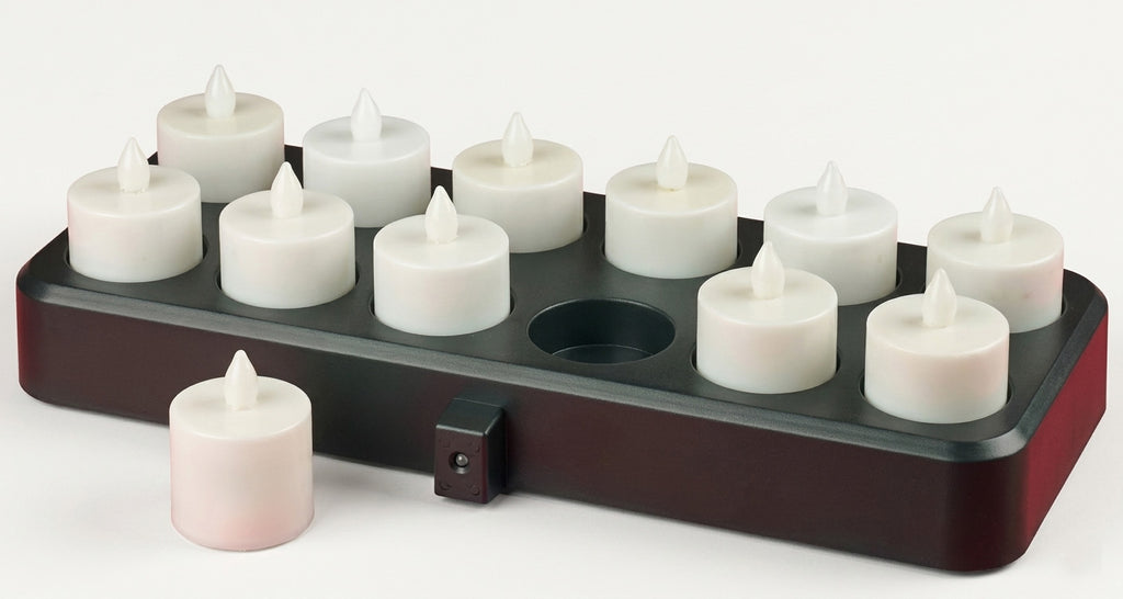 Wireless induction charging base with 12 linkable LED tealights for restaurant use.